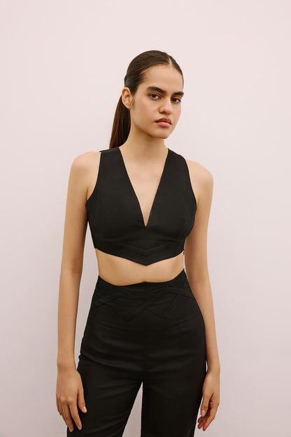V Yaka Kolsuz Siyah Crop Bluz