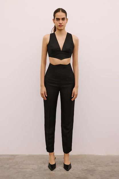 V Yaka Kolsuz Siyah Crop Bluz