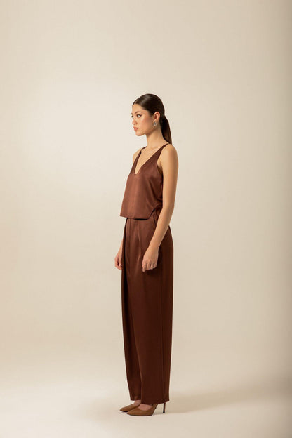 V Yaka Saten Kahverengi Bluz