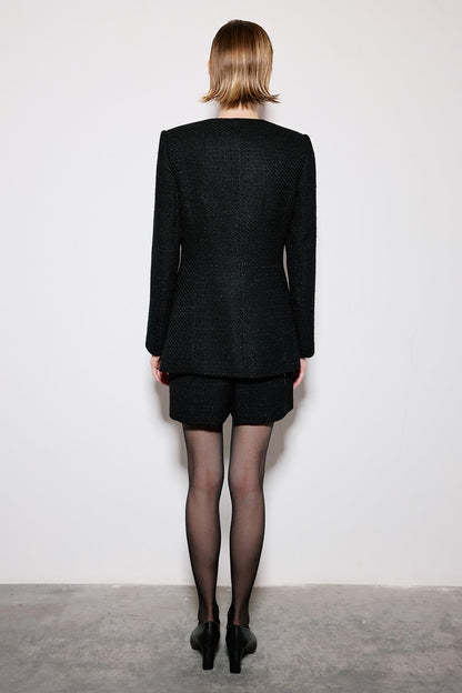 V Yaka Uzun Kollu Siyah Tüvit Ceket