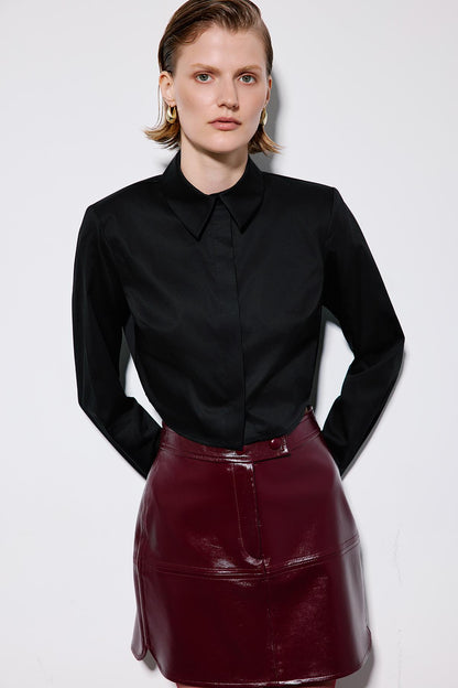 Vatkalı Poplin Uzun Kollu Siyah Gömlek