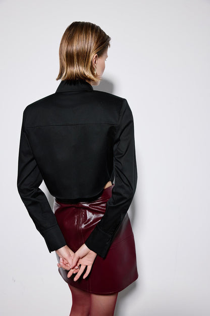 Vatkalı Poplin Uzun Kollu Siyah Gömlek