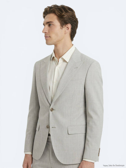 Vizon Desenli Modern Fit Yün Karışımlı Takım Elbise