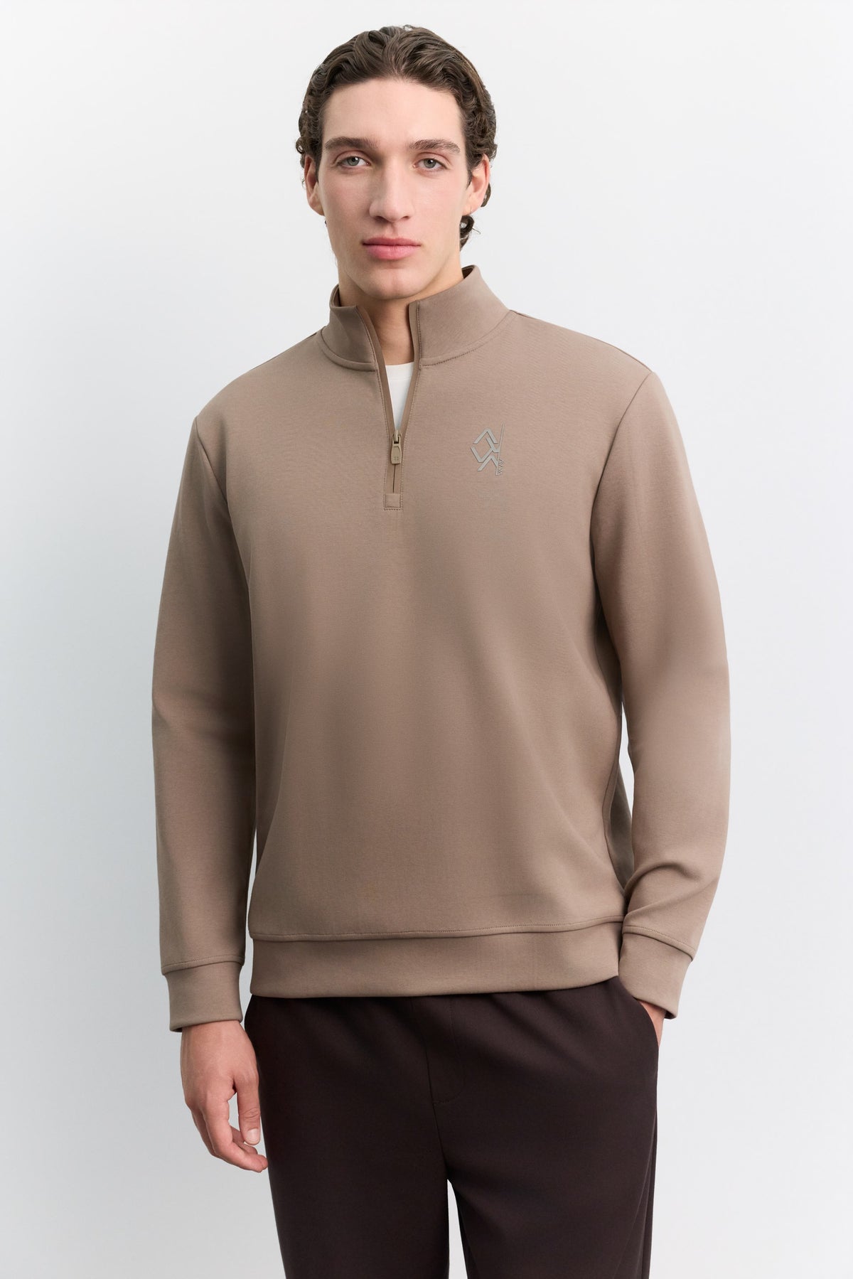Vizon Dik Yaka Fermuarlı Baskılı Kolay Ütülenen Pamuklu Sweatshirt