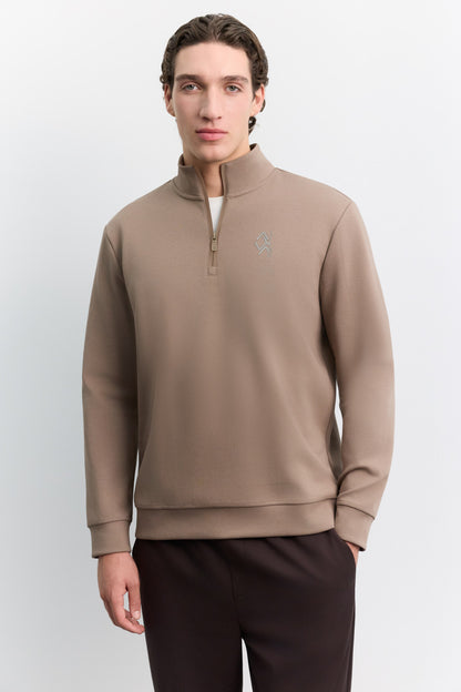 Vizon Dik Yaka Fermuarlı Baskılı Kolay Ütülenen Pamuklu Sweatshirt