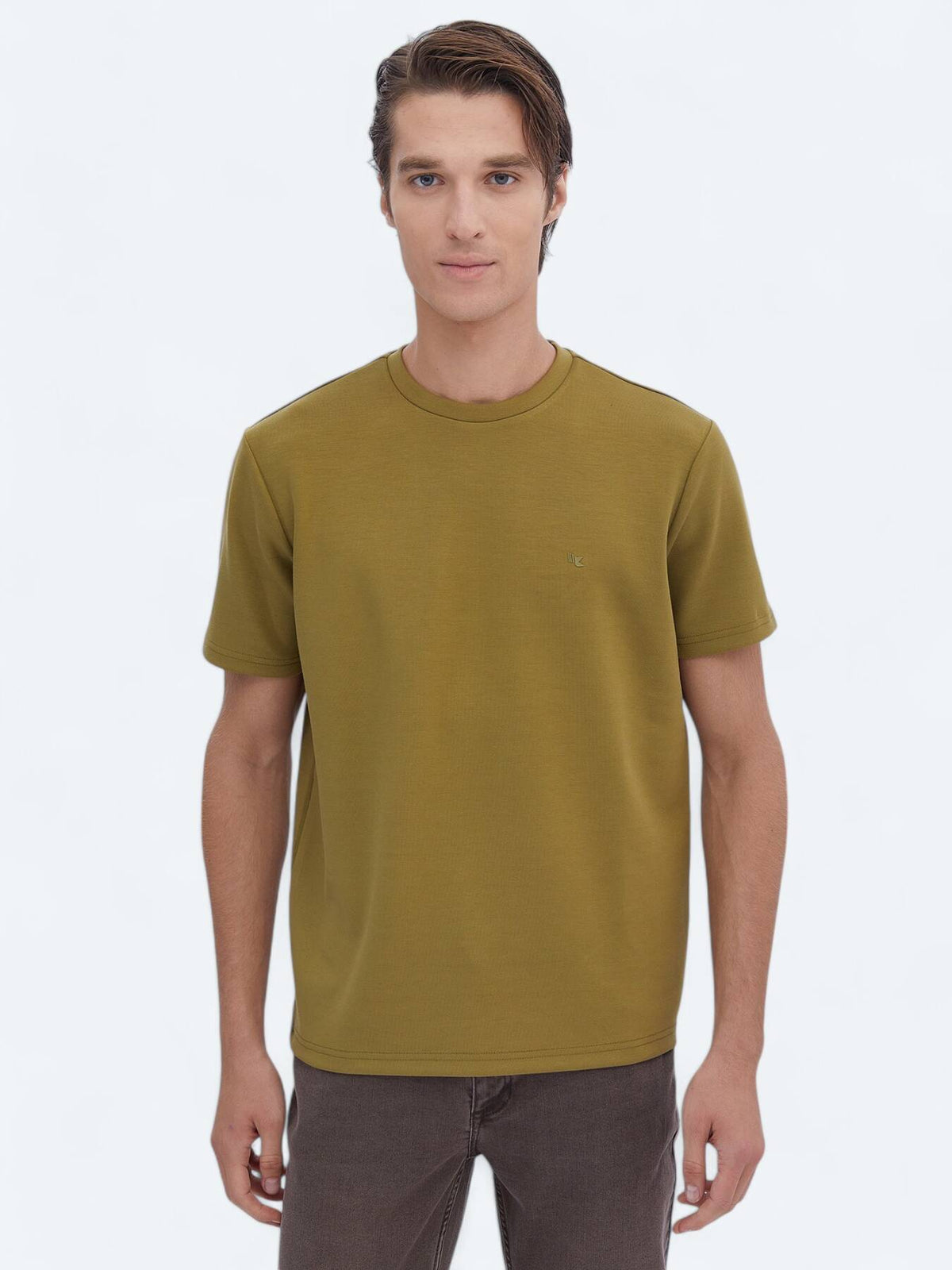 Yağ Yeşili Düz Bisiklet Yaka T-shirt