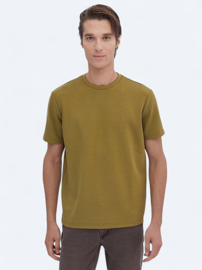Yağ Yeşili Düz Bisiklet Yaka T-shirt