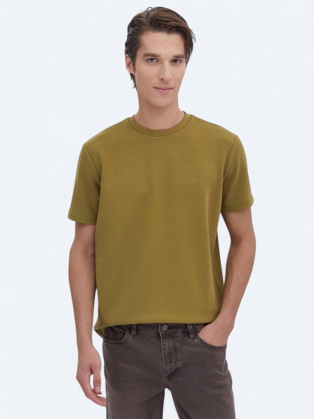Yağ Yeşili Düz Bisiklet Yaka T-shirt