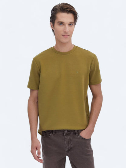 Yağ Yeşili Düz Bisiklet Yaka T-shirt