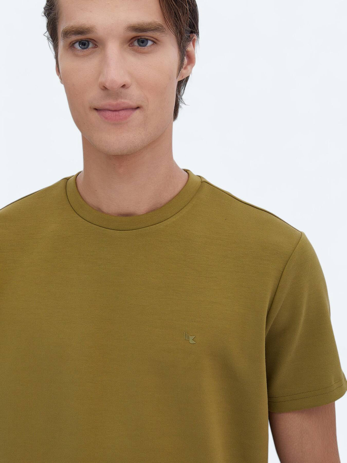 Yağ Yeşili Düz Bisiklet Yaka T-shirt