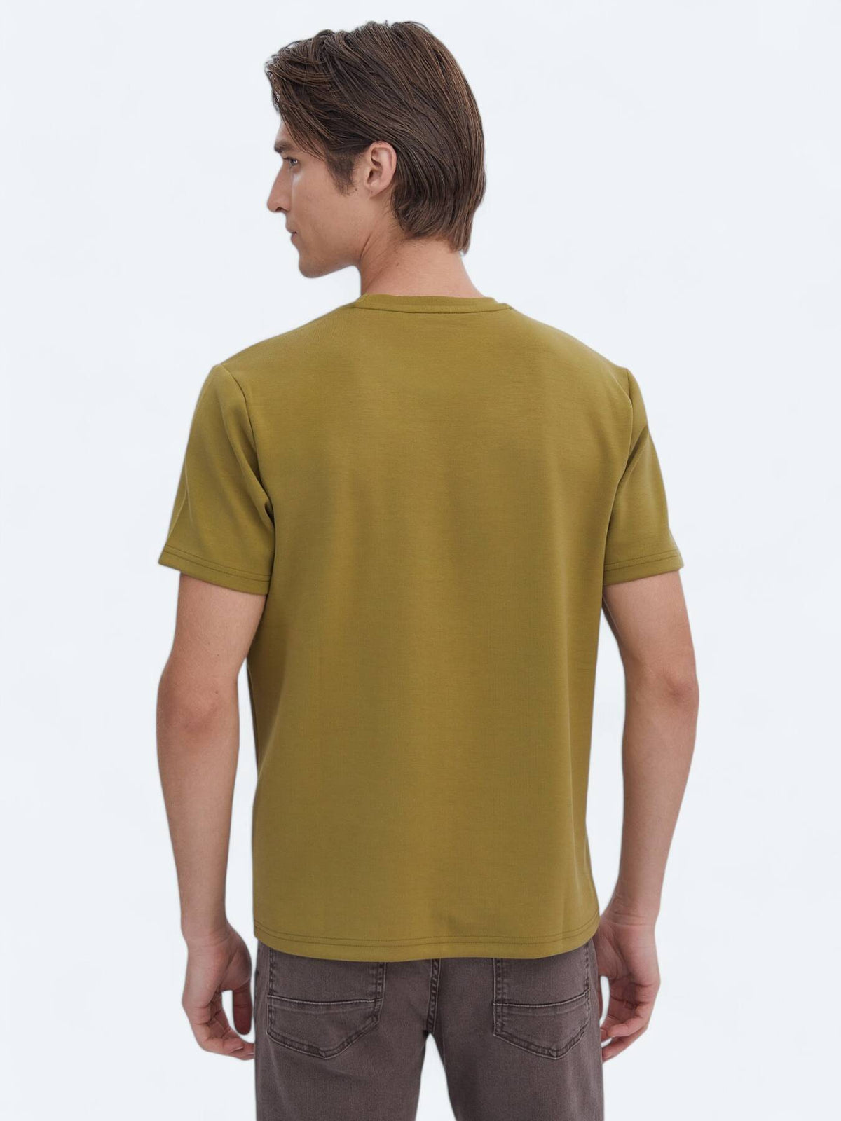 Yağ Yeşili Düz Bisiklet Yaka T-shirt