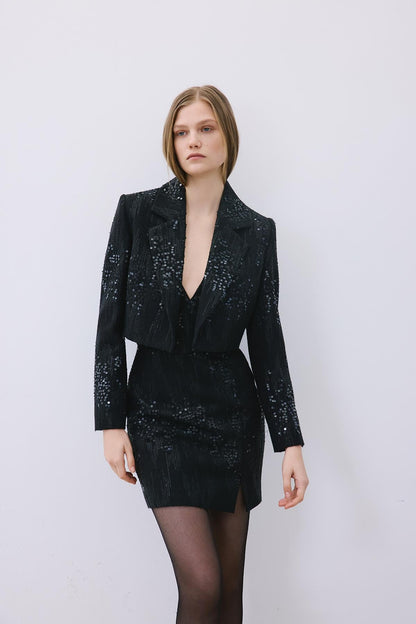 Yakalı Payet Crop Siyah Ceket