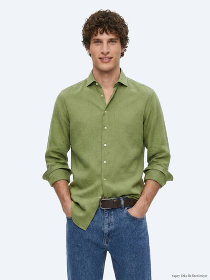 Yeşil Düz Regular Fit Uzun Dokuma Casual Pamuk Karışımlı Gömlek