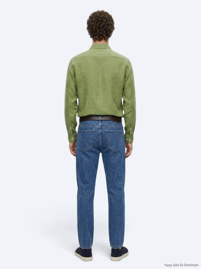 Yeşil Düz Regular Fit Uzun Dokuma Casual Pamuk Karışımlı Gömlek