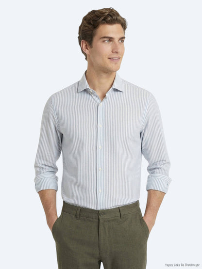 Yeşil Düz Regular Fit Uzun Dokuma Casual Pamuk Karışımlı Gömlek