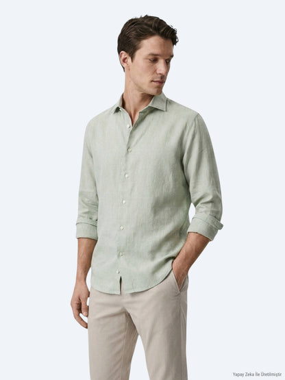 Yeşil Regular Fit Uzun Dokuma Casual Pamuk Karışımlı Gömlek