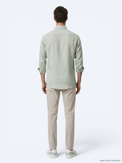 Yeşil Regular Fit Uzun Dokuma Casual Pamuk Karışımlı Gömlek