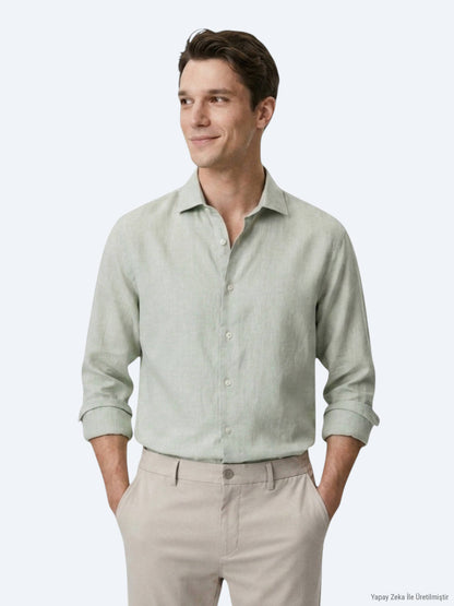 Yeşil Regular Fit Uzun Dokuma Casual Pamuk Karışımlı Gömlek