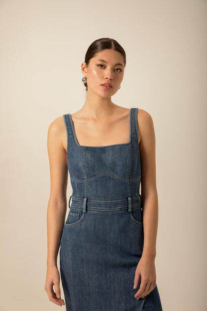 Yırtmaç Detaylı Lacivert Denim Elbise