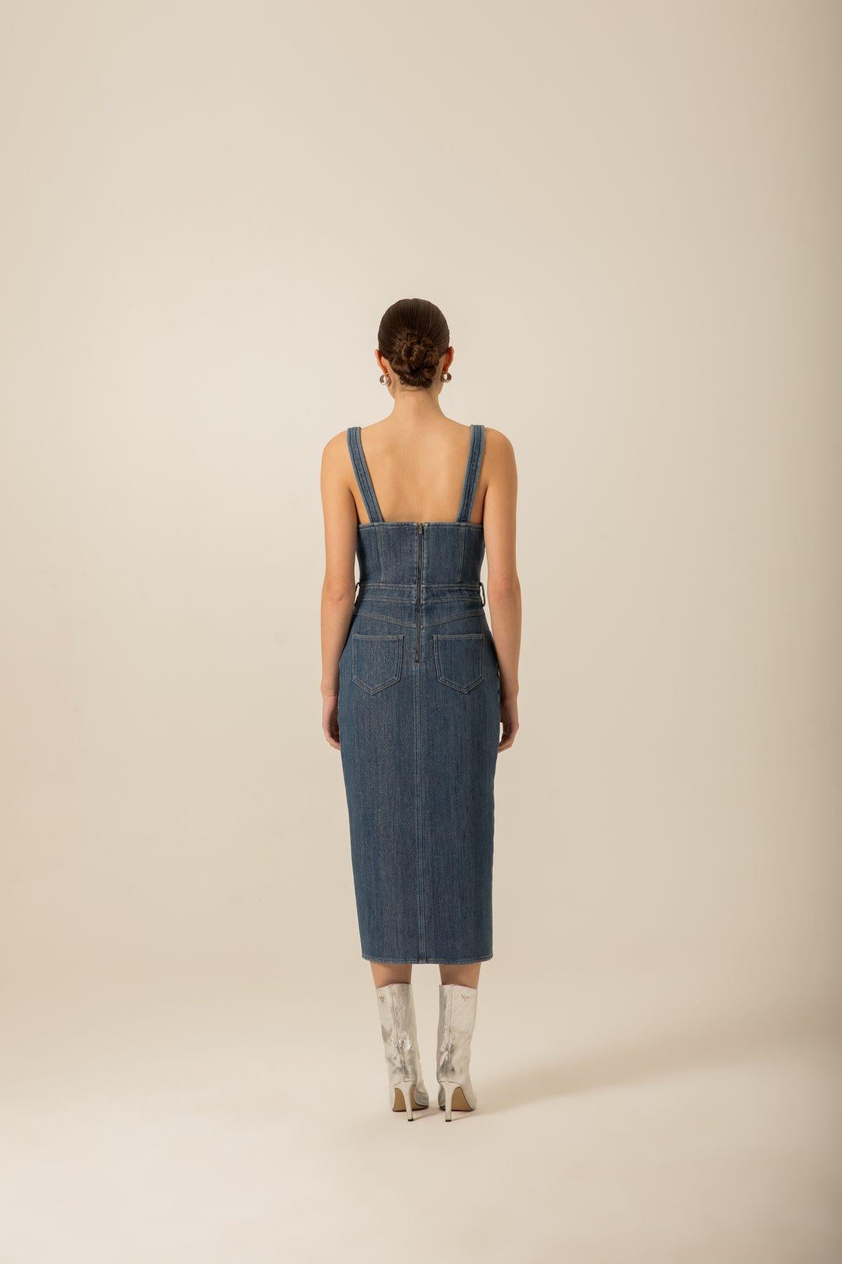Yırtmaç Detaylı Lacivert Denim Elbise