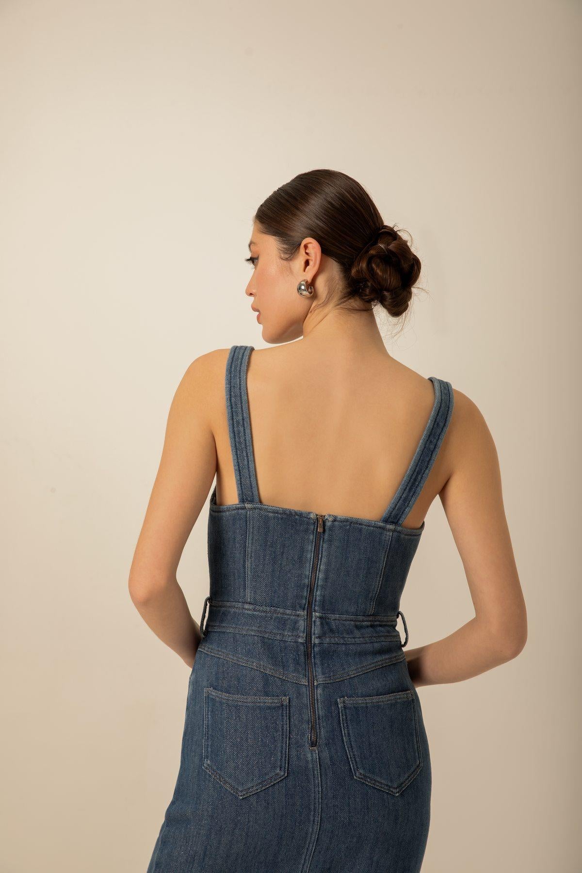 Yırtmaç Detaylı Lacivert Denim Elbise