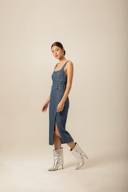 Yırtmaç Detaylı Lacivert Denim Elbise