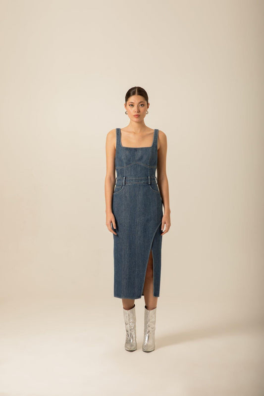Yırtmaç Detaylı Lacivert Denim Elbise