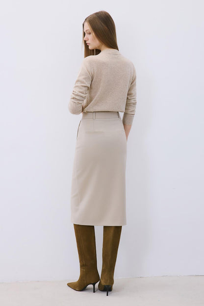 Yırtmaç Detaylı Yün Dokulu Bej Midi Etek