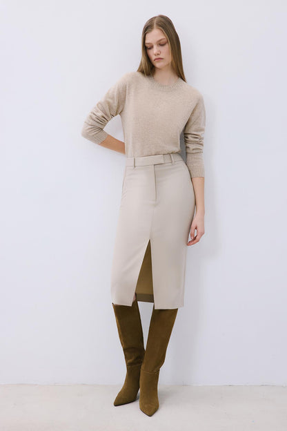Yırtmaç Detaylı Yün Dokulu Bej Midi Etek