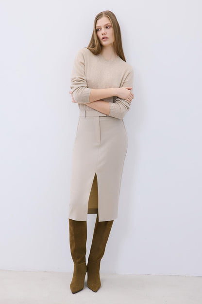 Yırtmaç Detaylı Yün Dokulu Bej Midi Etek