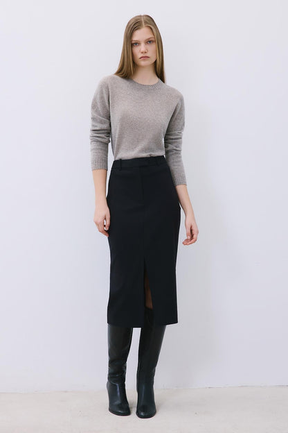 Yırtmaç Detaylı Yün Dokulu Siyah Midi Etek