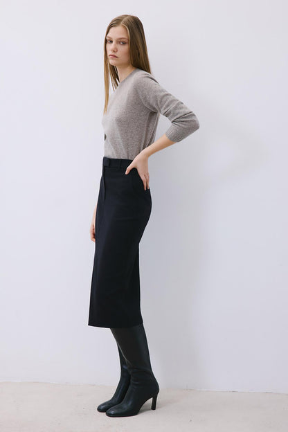 Yırtmaç Detaylı Yün Dokulu Siyah Midi Etek