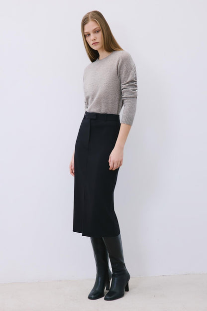 Yırtmaç Detaylı Yün Dokulu Siyah Midi Etek