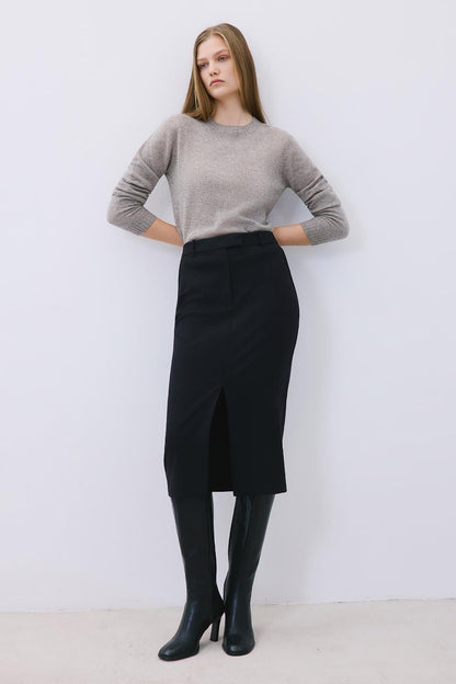 Yırtmaç Detaylı Yün Dokulu Siyah Midi Etek