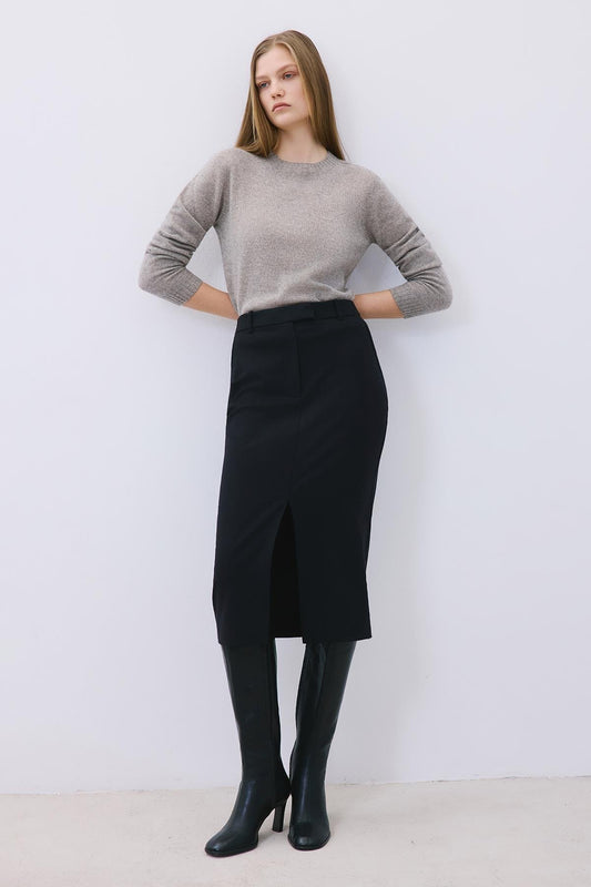 Yırtmaç Detaylı Yün Dokulu Siyah Midi Etek