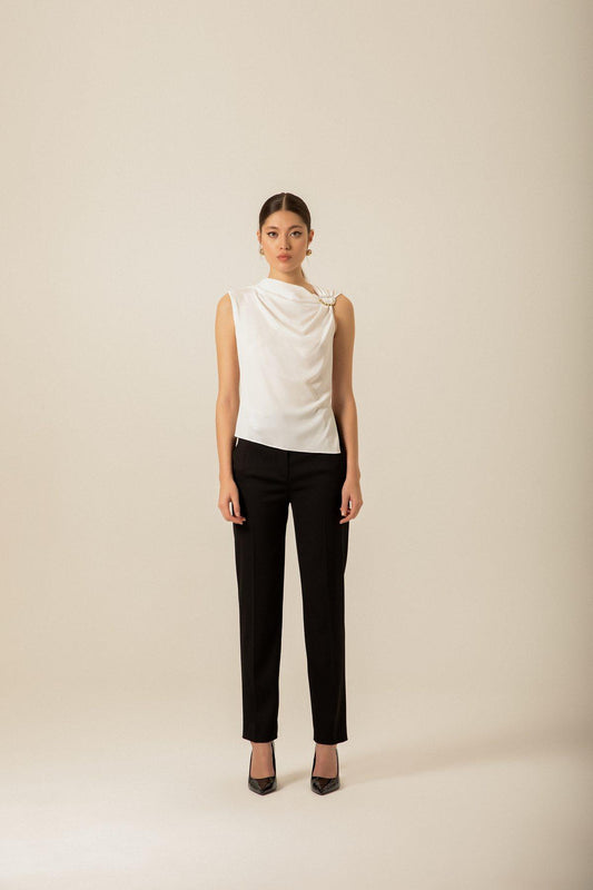 Yüksek Bel Cep Dikiş Detaylı Siyah Pantolon