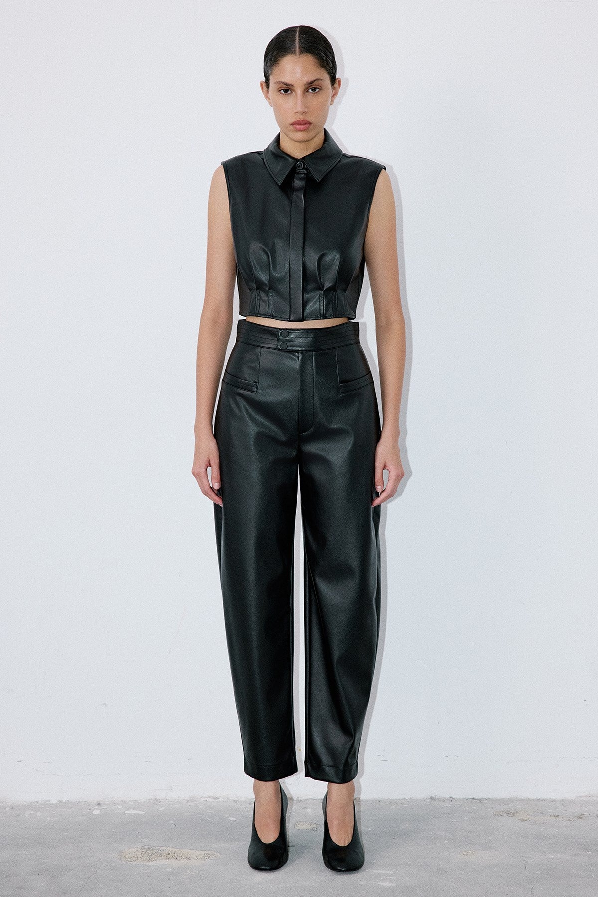 Yüksek Bel Suni Deri Balon Form Siyah Pantolon