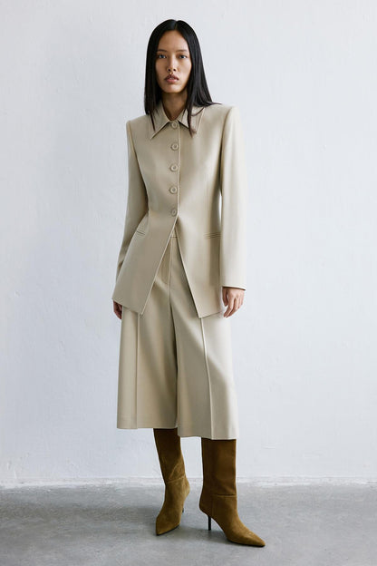 Yün Dokulu Bej Uzun Ceket