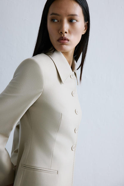 Yün Dokulu Bej Uzun Ceket