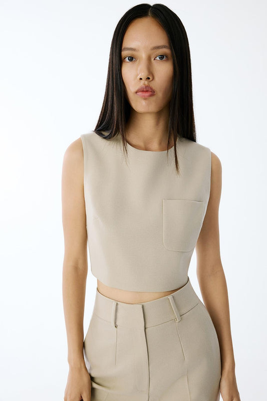 Yün Dokulu Crop Bej Bluz