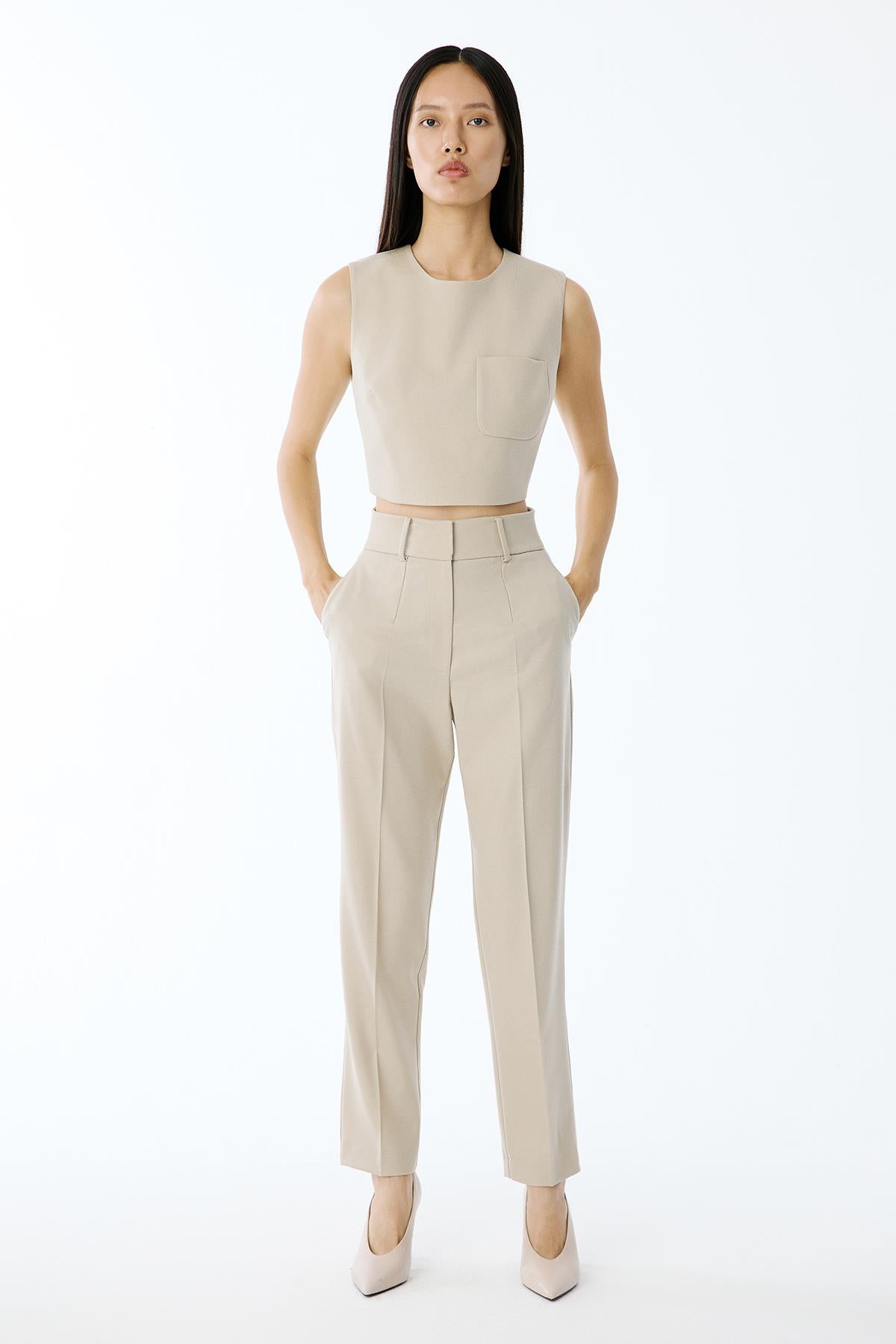 Yün Dokulu Crop Bej Bluz