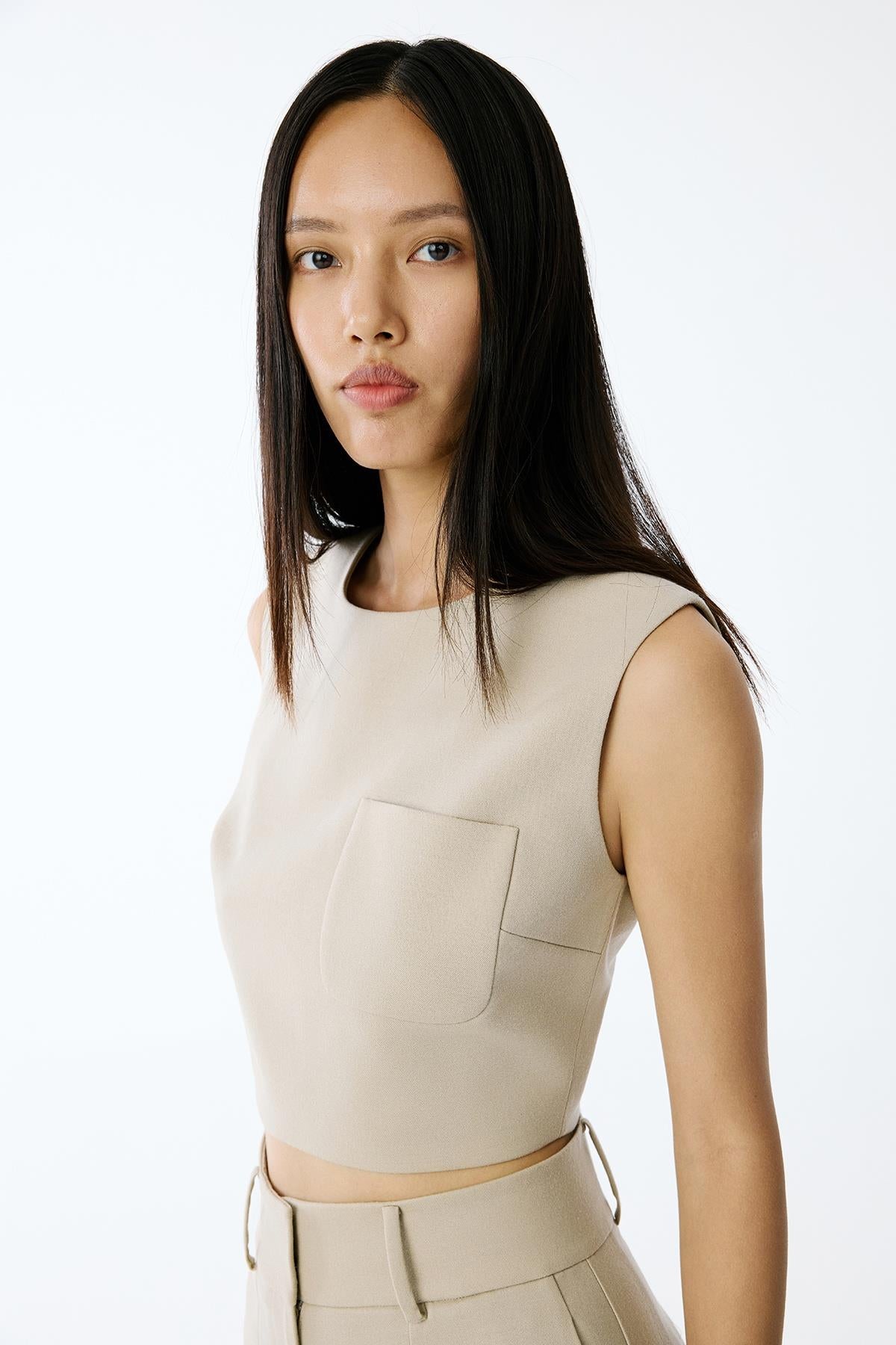 Yün Dokulu Crop Bej Bluz