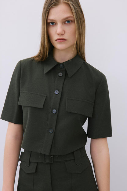 Yün Dokulu Düğmeli Haki Gömlek