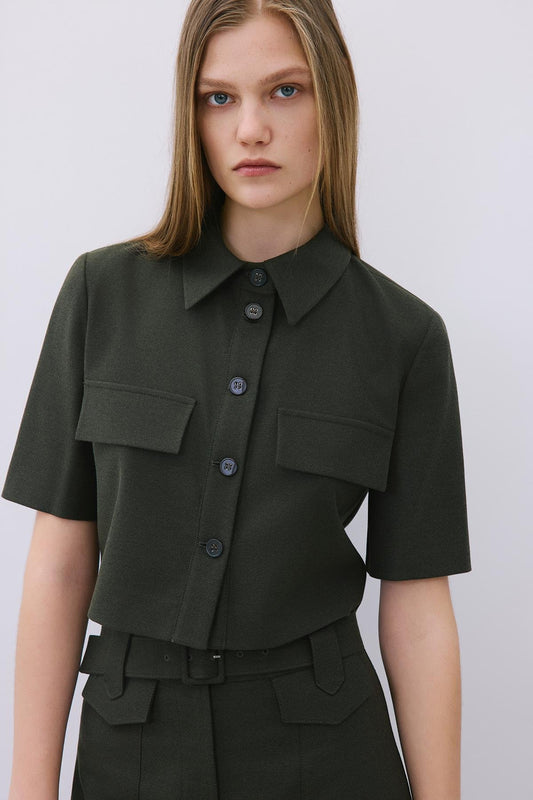 Yün Dokulu Düğmeli Haki Gömlek