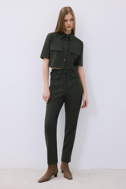 Yün Dokulu Düğmeli Haki Gömlek