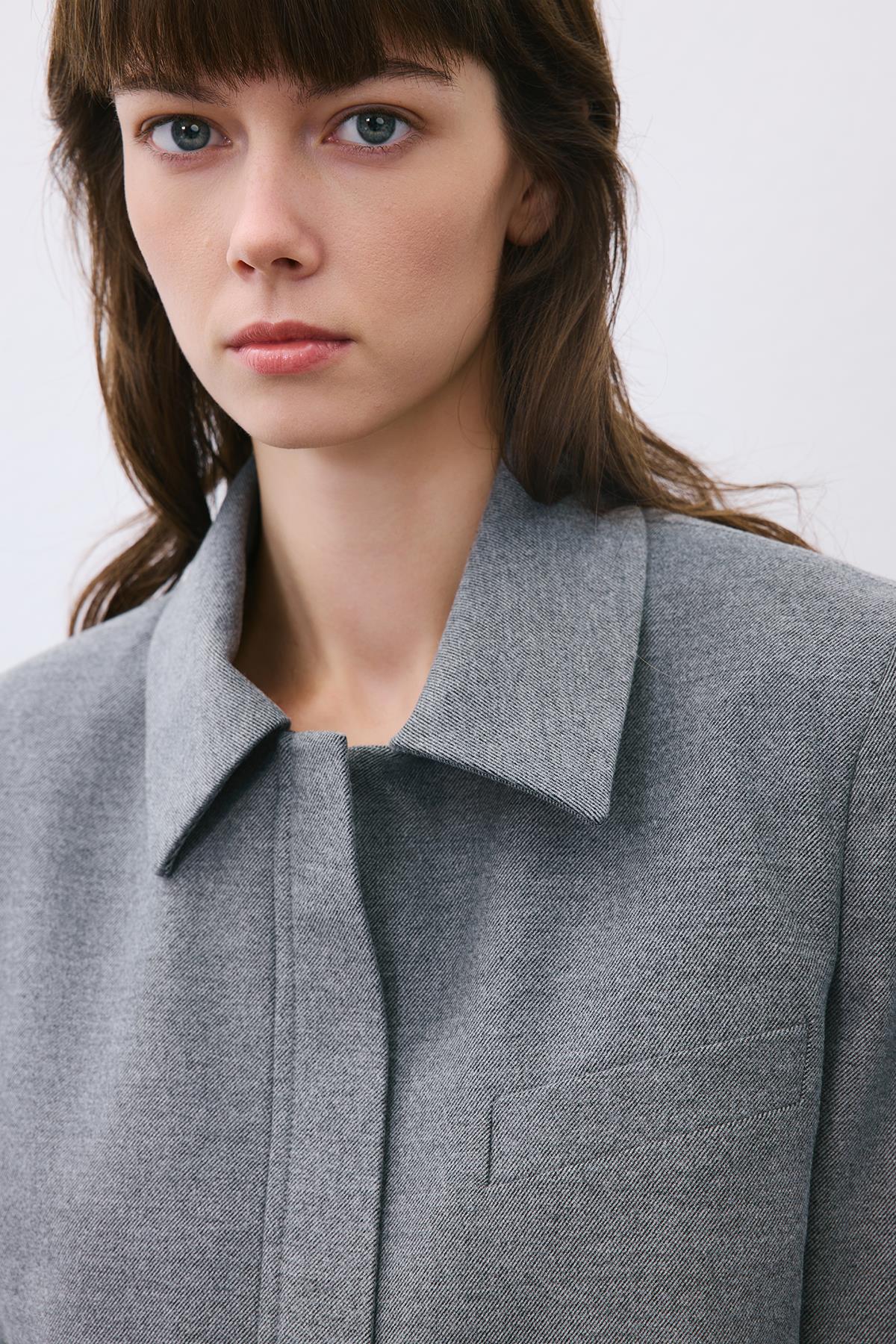 Yün Dokulu Fermuarlı Crop Gri Ceket