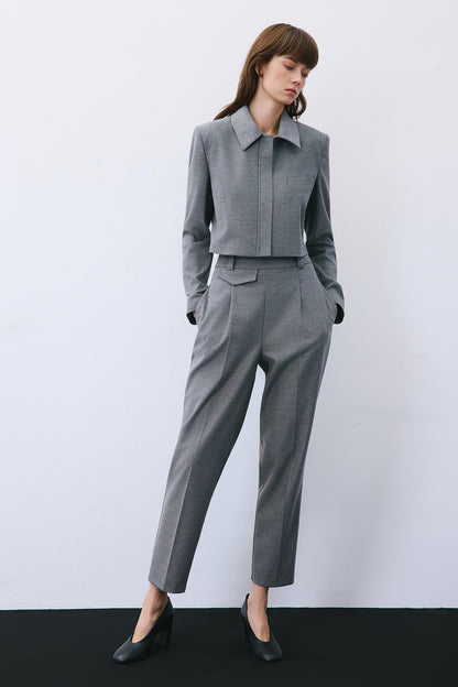 Yün Dokulu Fermuarlı Crop Gri Ceket