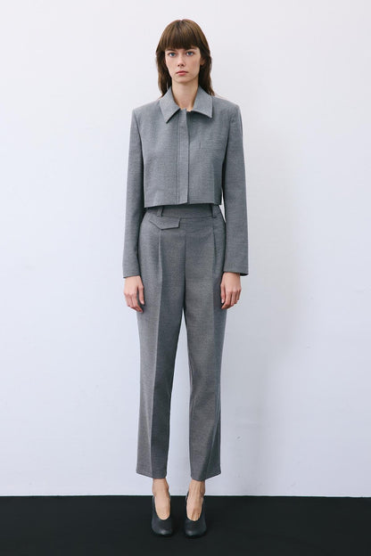 Yün Dokulu Fermuarlı Crop Gri Ceket