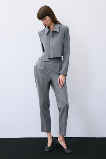 Yün Dokulu Fermuarlı Crop Gri Ceket