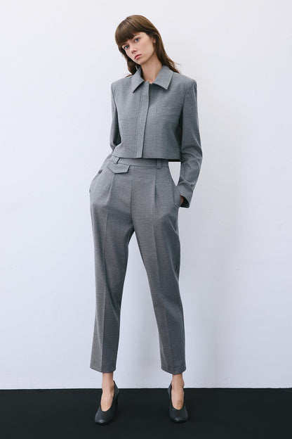 Yün Dokulu Fermuarlı Crop Gri Ceket